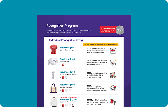 Screenshot of the Race for Every Child 2026 fundraising recognition item listing.