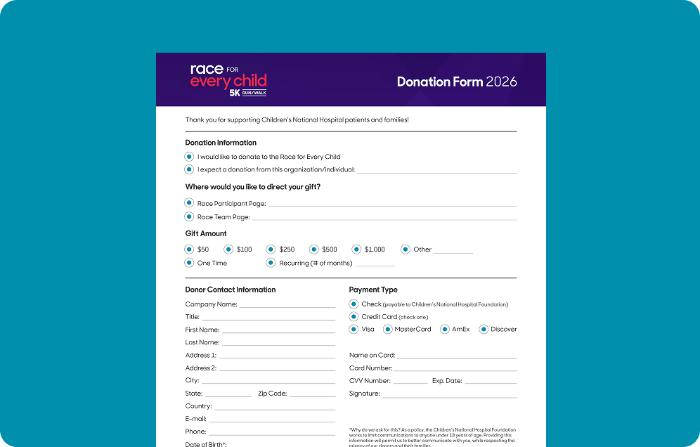 Screenshot of the Race for Every Child 2026 Donation Form.