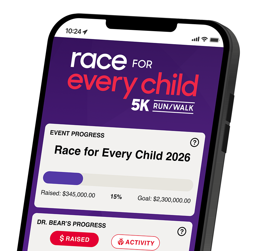 Screenshot of the main landing page of the Race for Every Child mobile app.