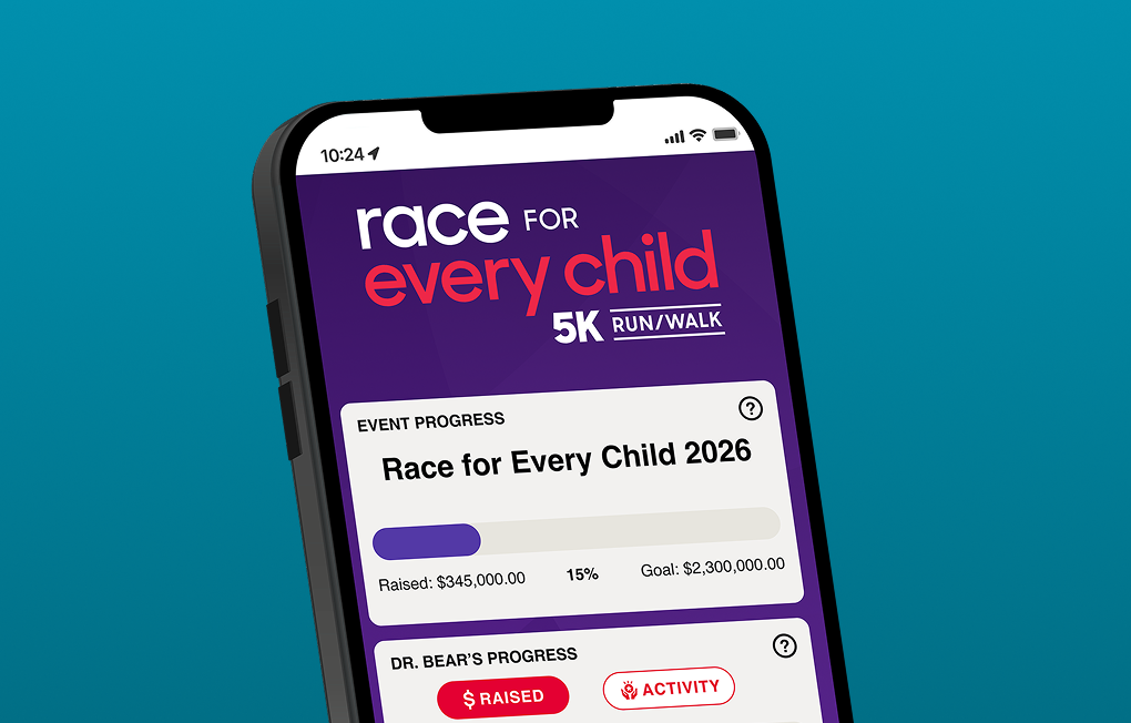 Screenshot of the main landing page of the Race for Every Child mobile app.