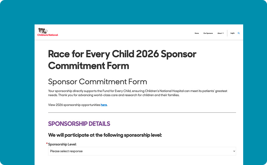 Screenshot of the Race for Every Child 2026 Sponsor Commitment Form.