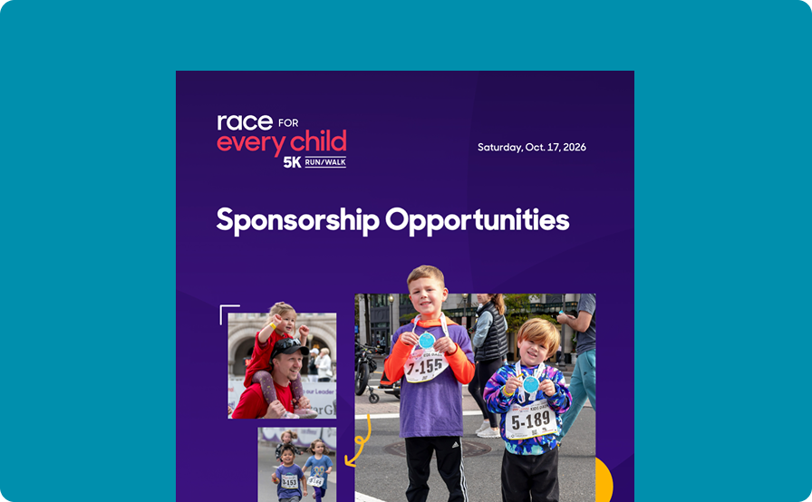 Cover of the 2026 Race for Every Child Sponsorship Opportunities Brochure featuring past participants at the Race for Every Child event.