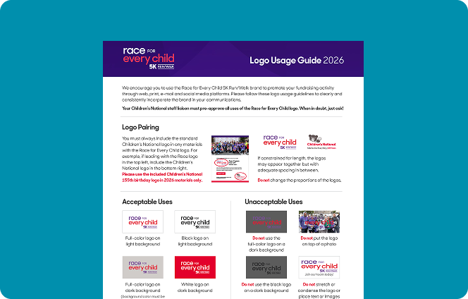 Screenshot of Race for Every Child 2026 Logo Usage Guide.