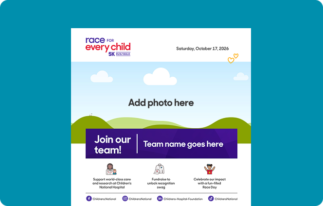 Screenshot of a Race for Every Child 2026 editable team recruitment flyer.