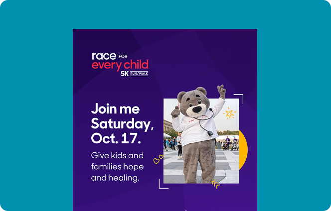 Screenshot of a Race for Every Child 2026 promotional flyer for social media.