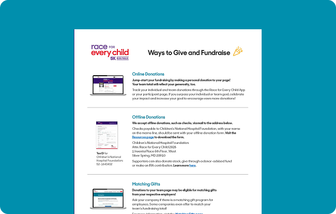 Screenshot of the Race for Every Child 2026 ways to give and fundraise tips sheet.