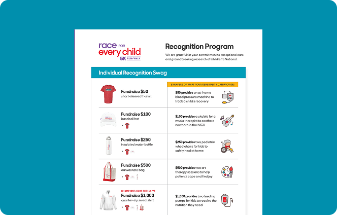 Screenshot of the Race for Every Child 2026 fundraising recognition item listing.