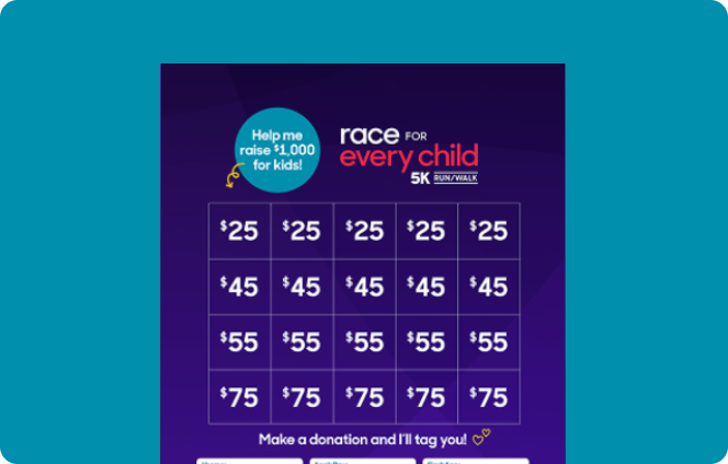 Screenshot of a Race for Every Child 2026 social media fundraising board.